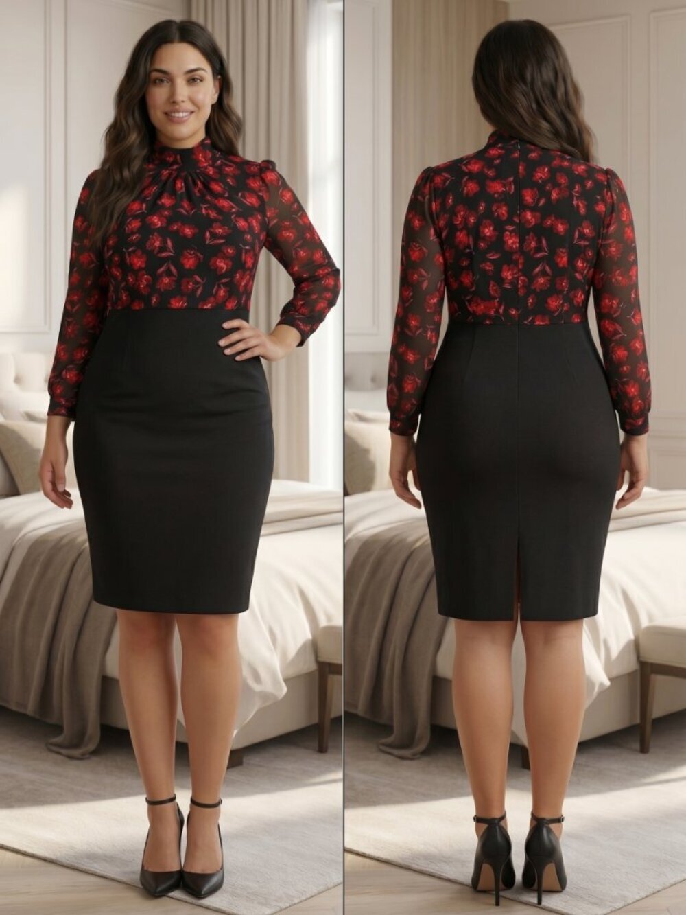 Badgley Mischka Black Red Floral High Neck Sheath Dress $495